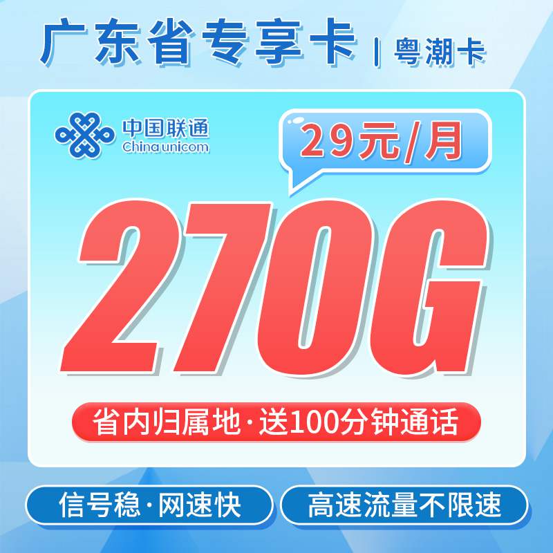 【广东专属】联通粤潮卡，月租套餐29元240G省内通用流量+30G定向流量+100分钟通话时长！