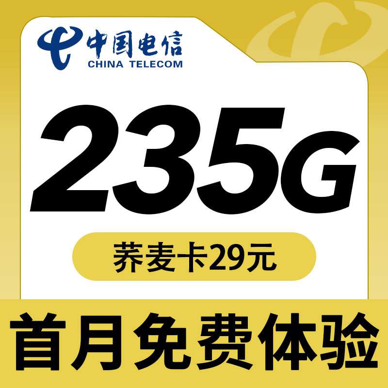 电信荞麦卡，月租套餐29元205G通用流量+30G定向流量+语音通话0.1元/分钟！