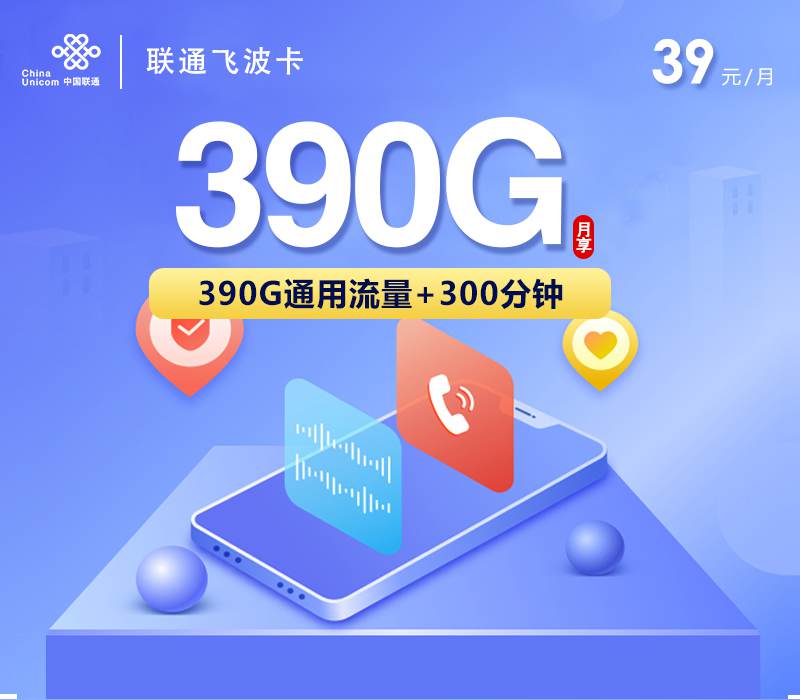 联通飞波卡，月租套餐39元390G通用流量+300分钟语音通话！