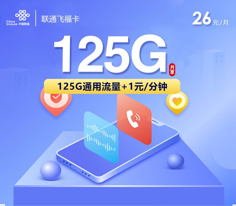 【长期套餐】联通飞福卡，月租套餐26元包含125G通用流量+语音通话1元/分钟！