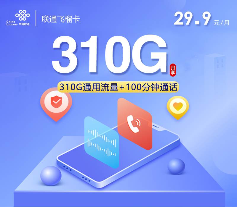 联通飞榴卡，月租套餐29.9元包含310G通用流量+100分钟通话时长！