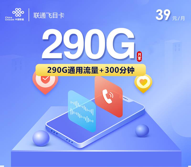 联通飞目卡，月租套餐39元包含290G通用流量+300分钟通话时长！
