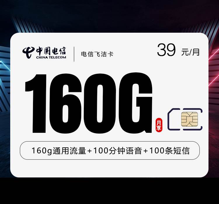 电信飞洁卡，月租套餐39元包含160G通用流量+100分钟通话时长+100条短信！