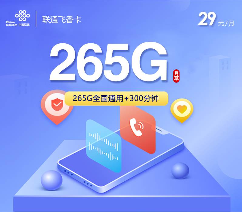 联通飞香卡，月租套餐29元包含265G通用流量+300分钟通话时长！
