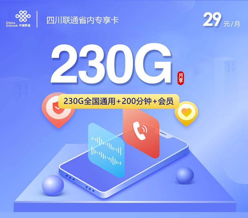 【四川专属】联通四川卡，月租套餐29元包含230G通用流量+200分钟通话时长+赠送会员权益！