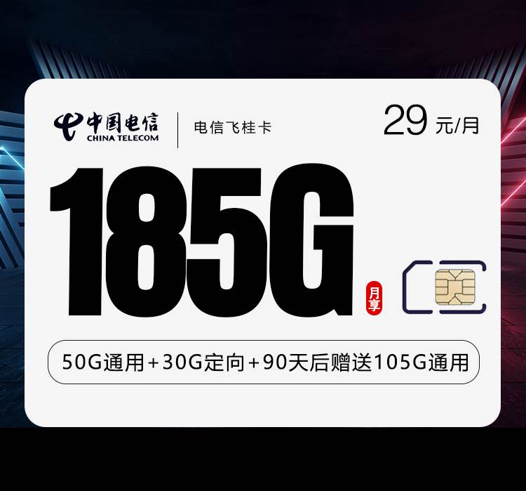 电信飞桂卡，月租套餐29元包含155G通用流量+30G定向流量+语音通话0.1元/分钟！