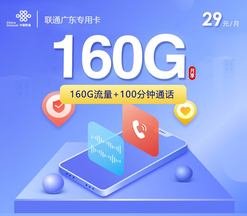 【广东专属】联通广东卡，月租套餐29元包含130G通用流量+30G定向流量+100分钟通话+长期套餐！