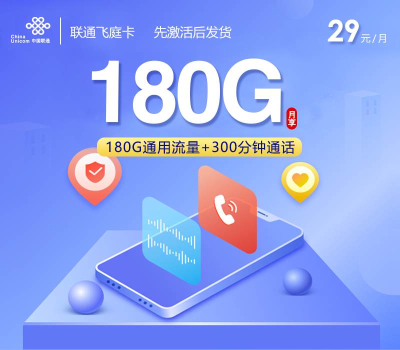 联通飞庭卡，月租套餐29元包含180G通用流量+300分钟通话时长！