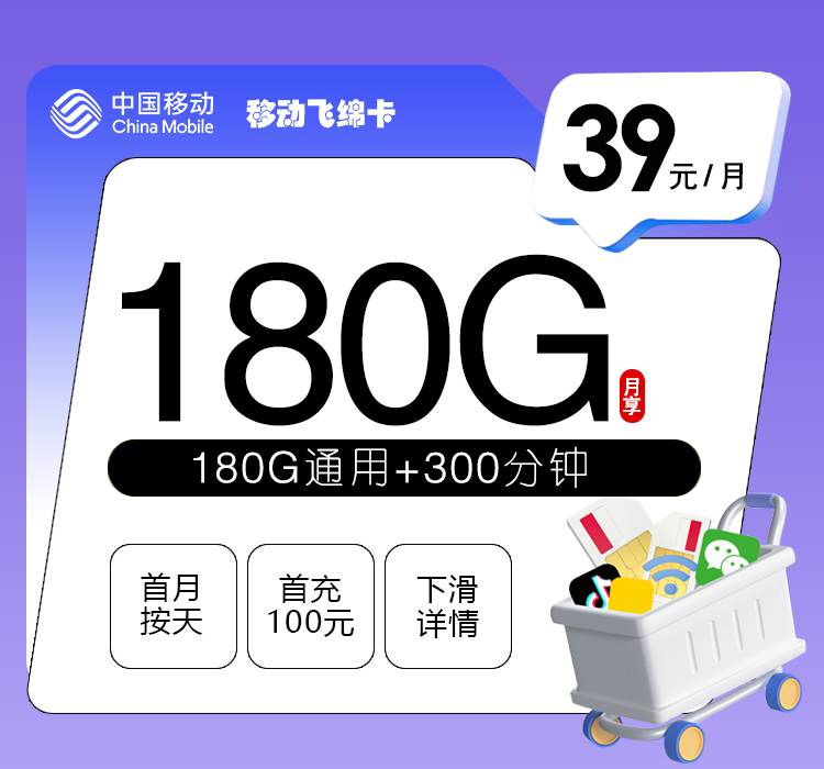 移动飞绵卡，月租套餐39元包含180G通用流量+300分钟通话时长！