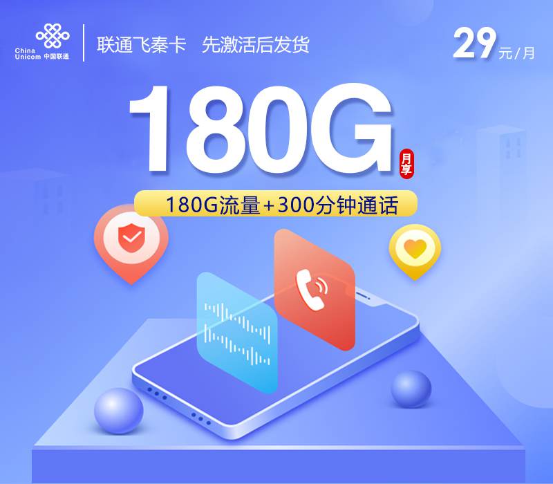 联通飞秦卡，月租套餐29元包含180G通用流量+300分钟通话+先激活后发货！