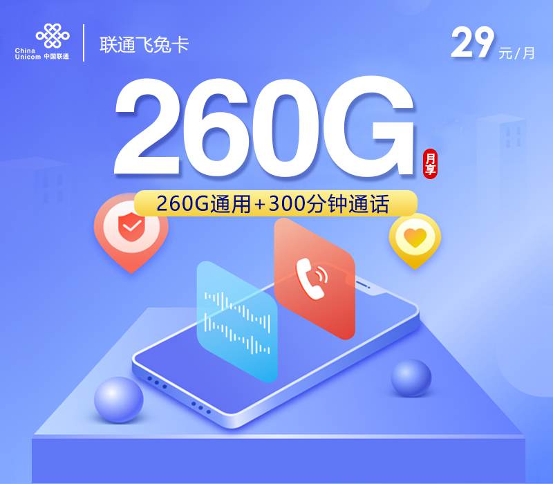 联通飞兔卡，月租套餐29元包含260G通用流量+300分钟通话+先激活后发货！