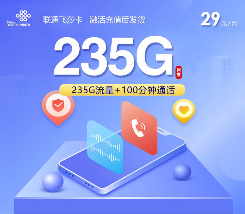 联通飞莎卡，月租套餐29元包含235G通用流量+100分钟通话+先激活后发货！