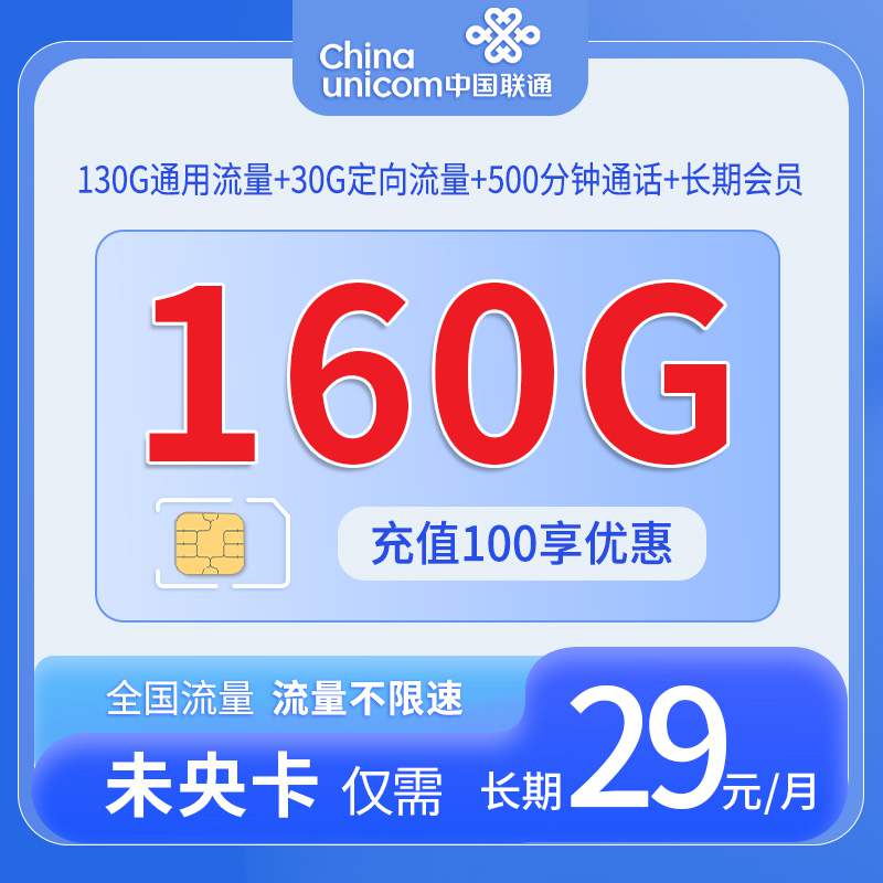 【浙江专属】联通未央卡，月租套餐29元可享受130G通用流量+30G定向流量+500分钟通话+长期会员！