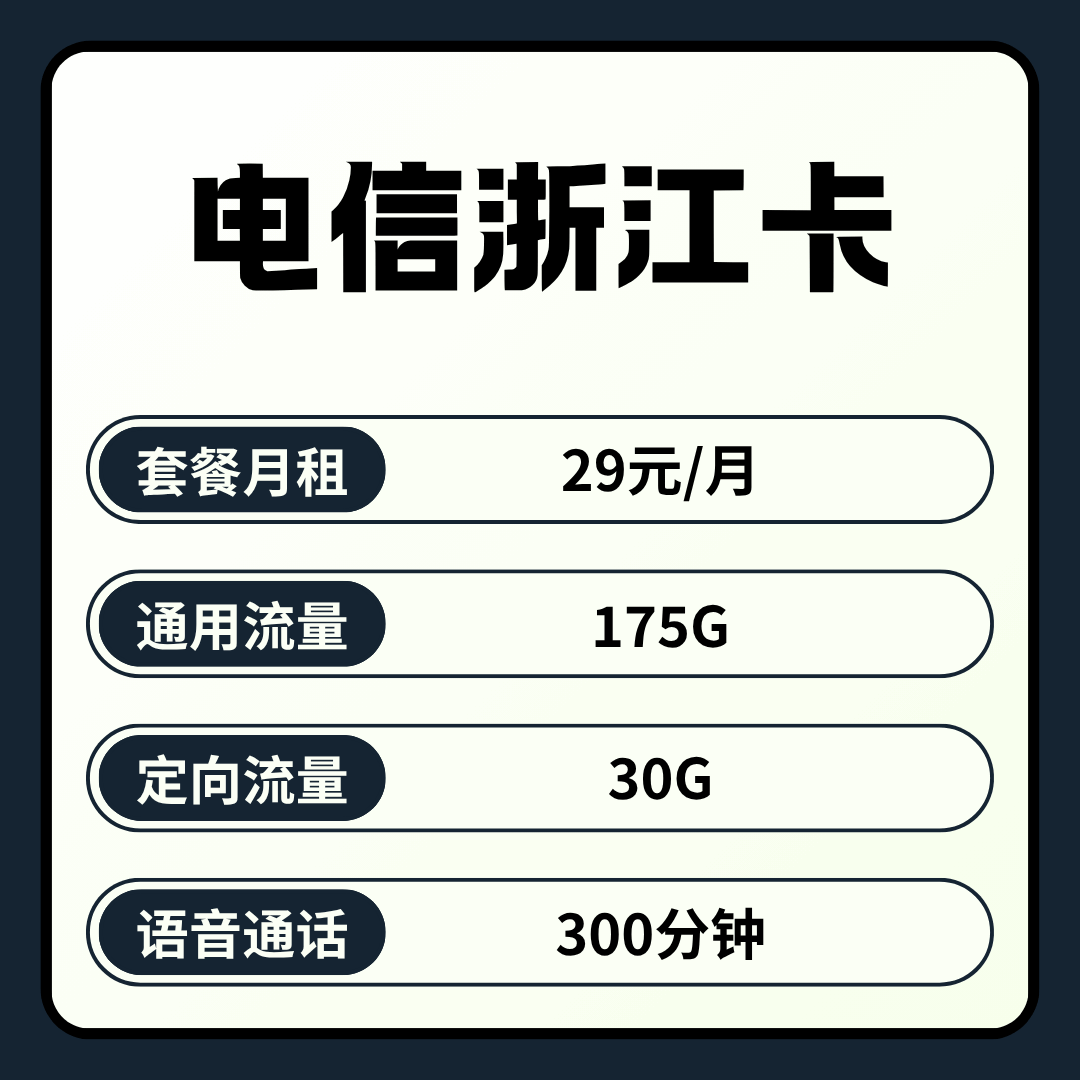 【浙江专属】电信浙江卡，月租套餐29元包含175G通用流量+30G定向流量+300分钟通话！