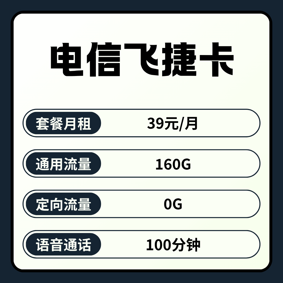 【可发全国】电信飞捷卡，月租套餐39元包含160G通用流量+100分钟通话！