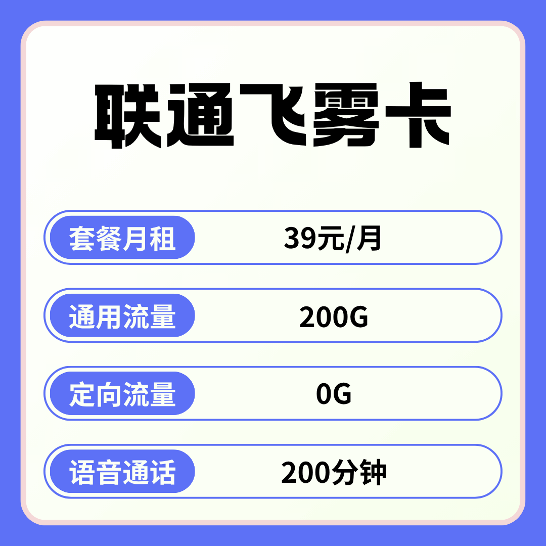 【可发全国】联通飞雾卡，月租套餐39元包含200G全国流量+200分钟通话！