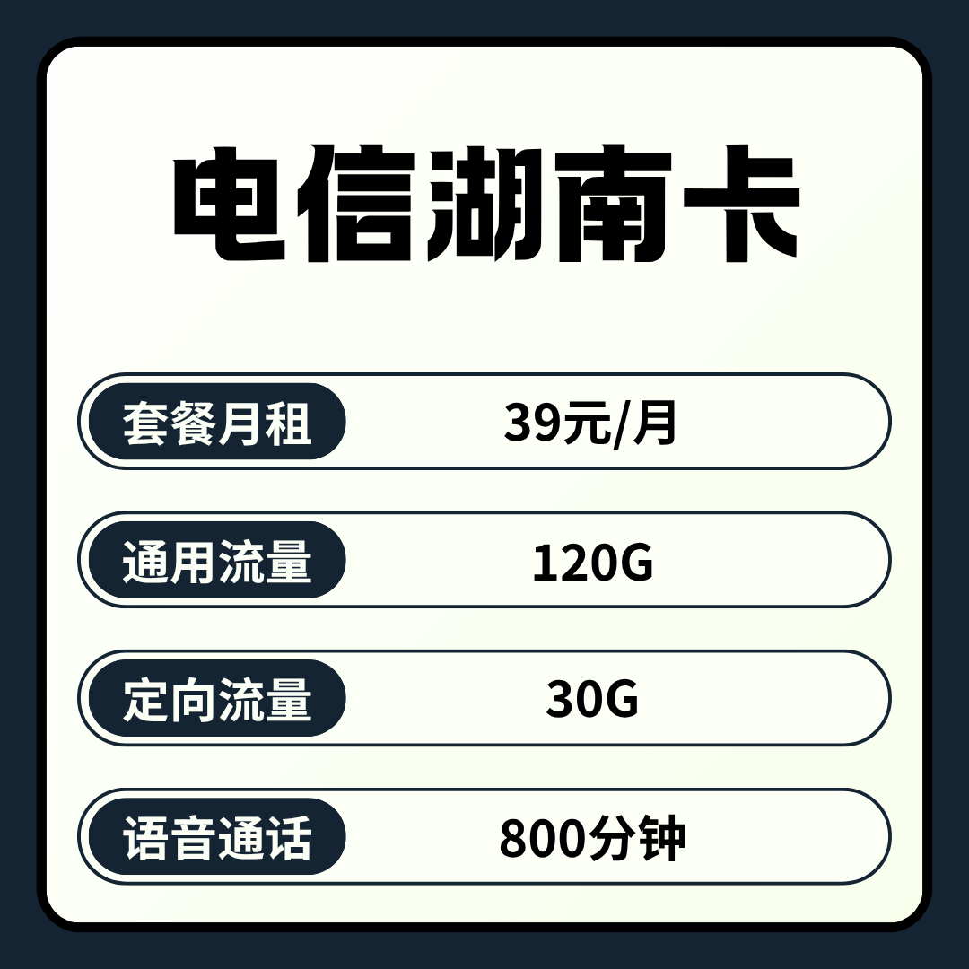 【湖南专属】电信湖南卡，月租套餐39元包含120G通用流量+30G定向流量+800分钟通话！