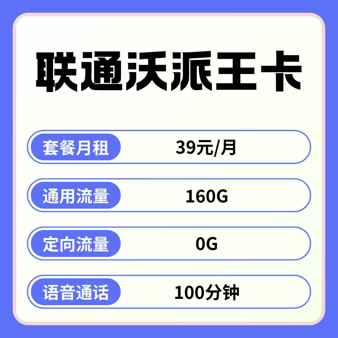 【安徽专属】联通沃派王卡，月租套餐39元包含160G通用流量+100分钟通话！