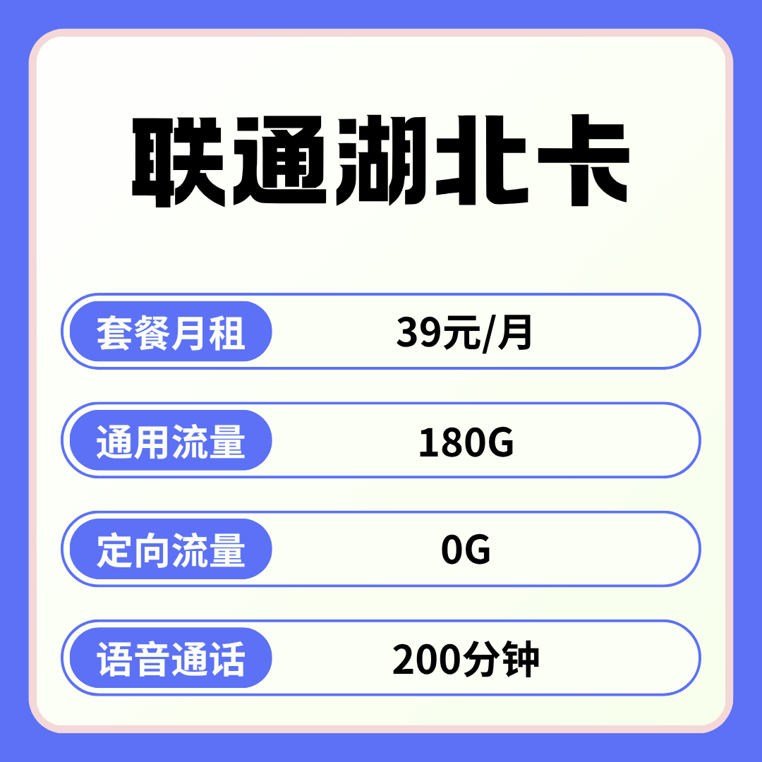 【湖北专属】联通湖北卡，月租套餐39元包含180G通用流量+200分钟通话！