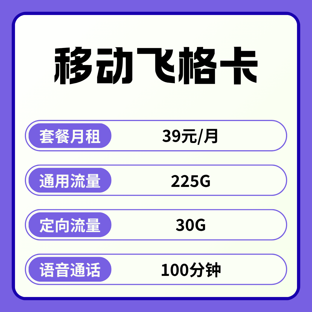【可发全国】移动飞格卡，月租套餐39元包含225G全国通用+30G全国定向+100分钟通话+会员权益！