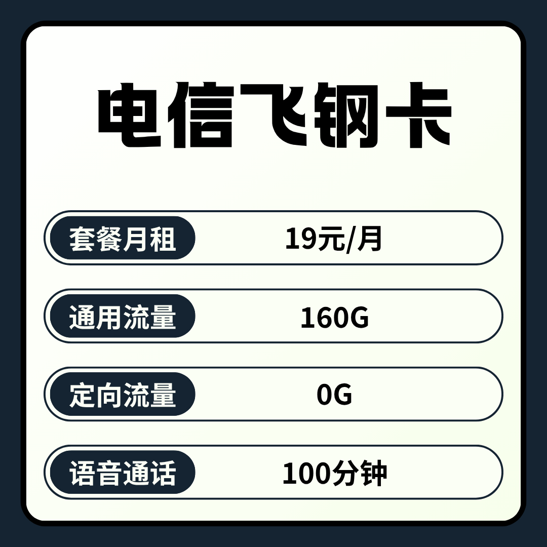 【可发全国】电信飞钢卡，月租套餐19元包含160G通用流量+100分钟通话！