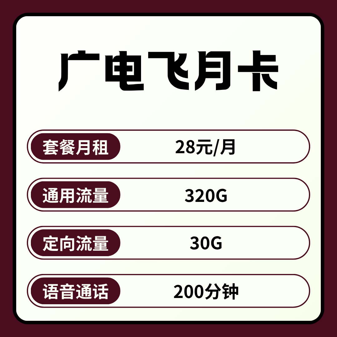 广电飞月卡，月租套餐28元/月包含320G通用流量+30定向流量+200分钟通话！